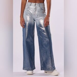 New! AKIRA Little Miss Sunshine Denim Pant Silver & Blue Ombre Flare Jeans 17